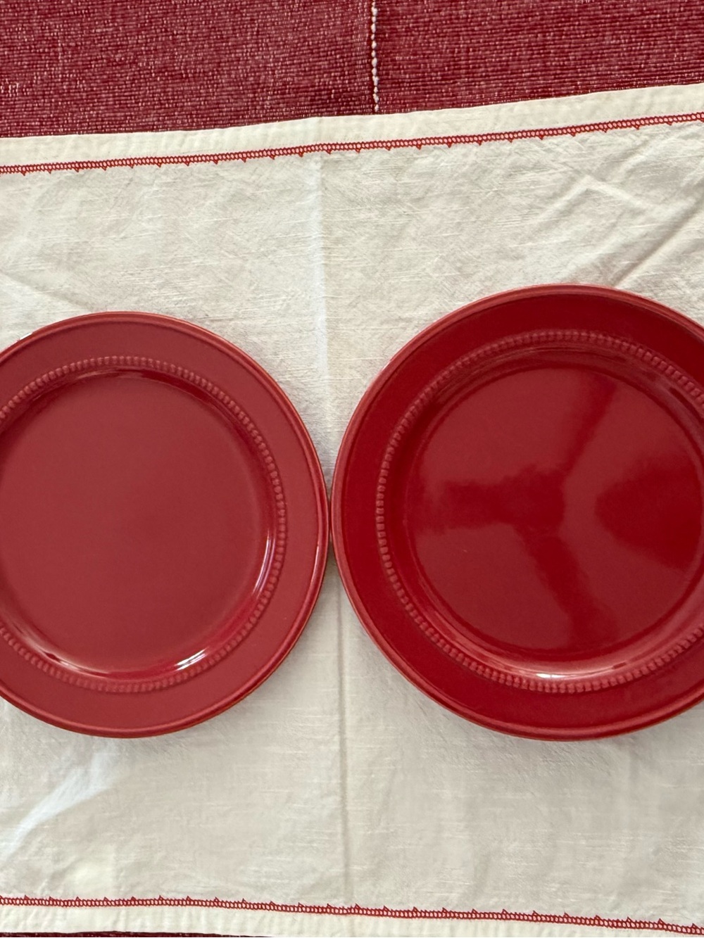 Vintage Hearth and Hand Red Stoneware Dinner Salad Plates and 4 brass stir spoon